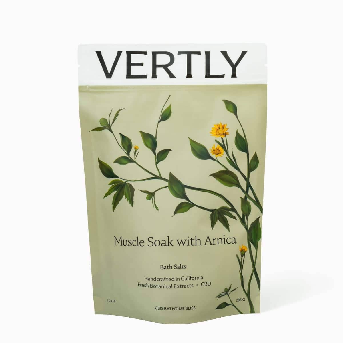 Package of Vertly Muscle Soak with Arnica on a white background