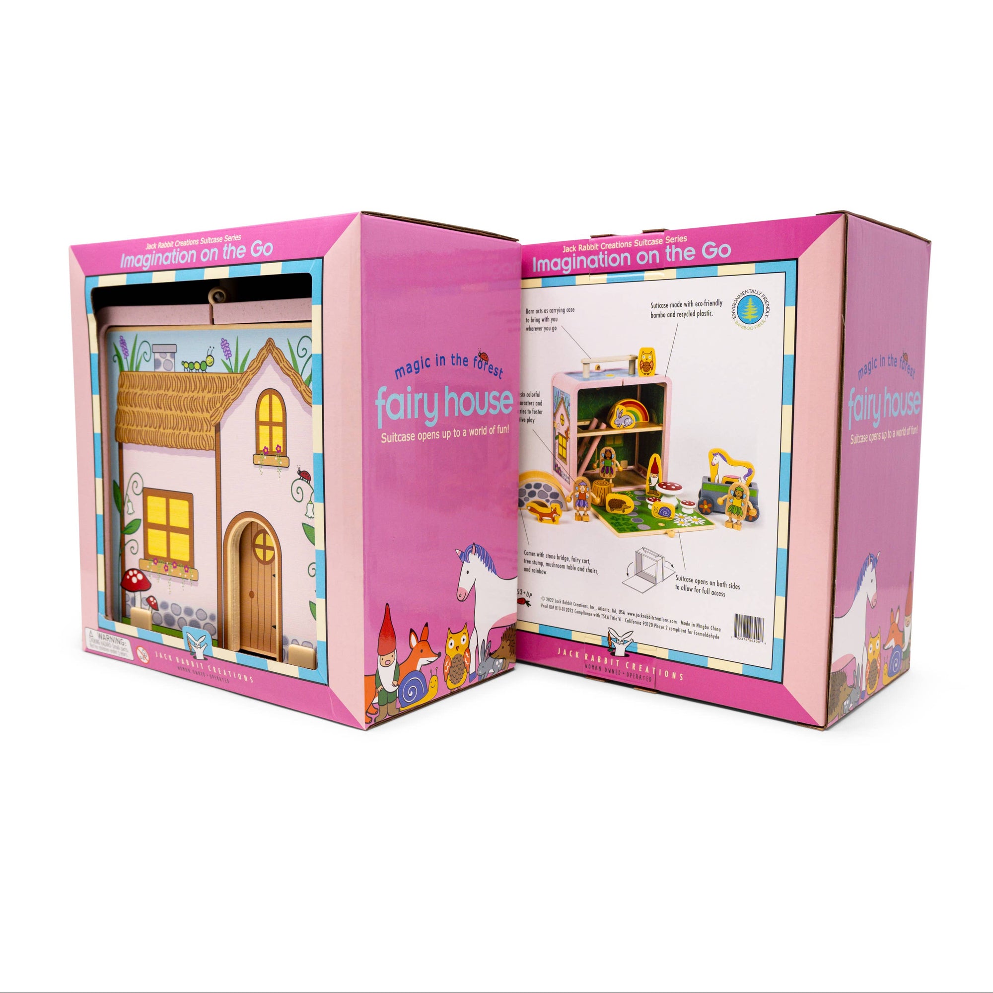 Boxed fairy house toy with colorful illustrations on a white background