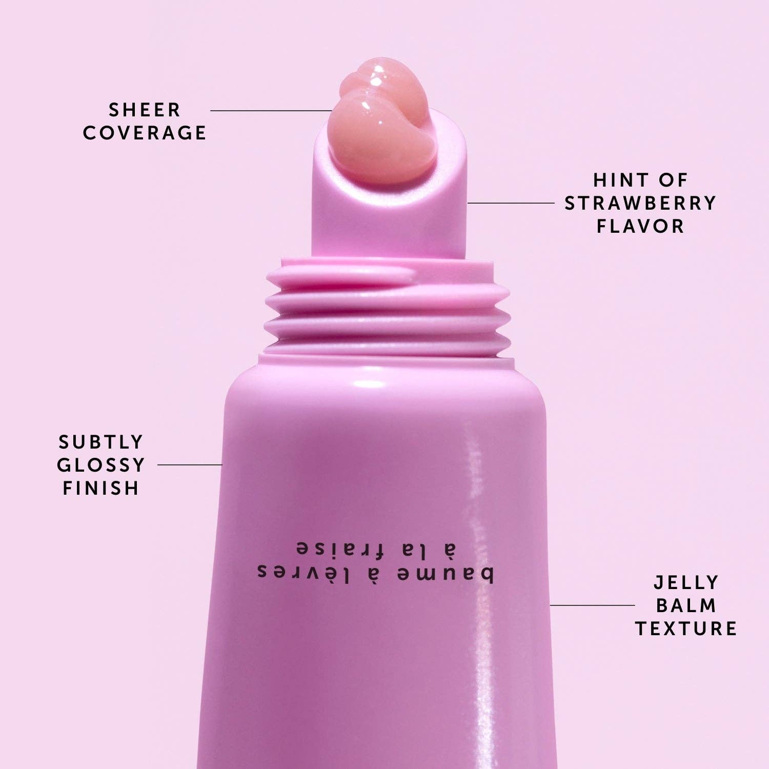 Pink jelly balm with text describing its features on a pink background