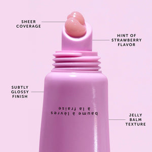 Pink jelly balm with text describing its features on a pink background