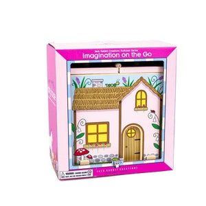 Dollhouse in packaging with 'Imagination on the Go' text on a white background
