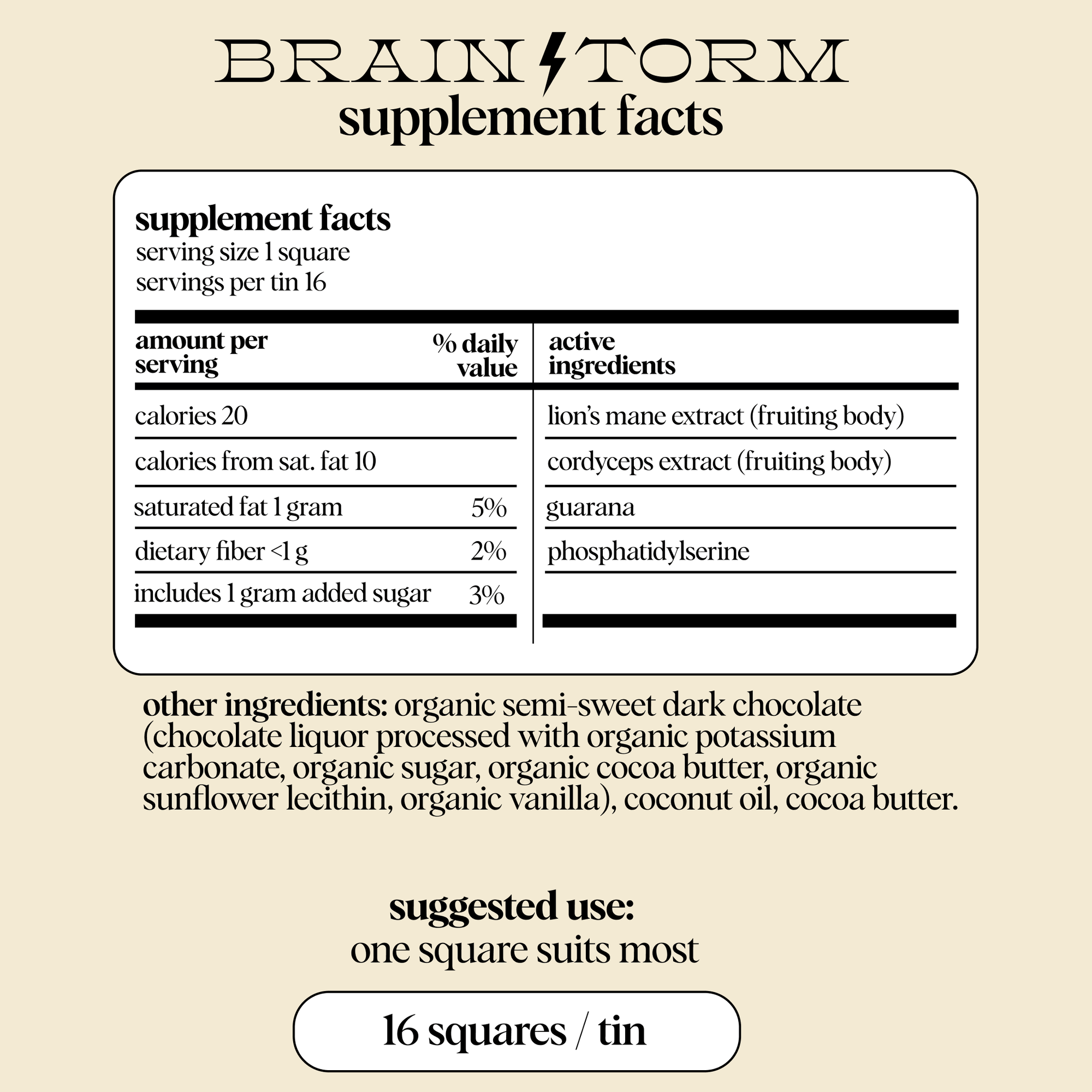 Supplement facts label for a product called 'Brain Storm' on a beige background.