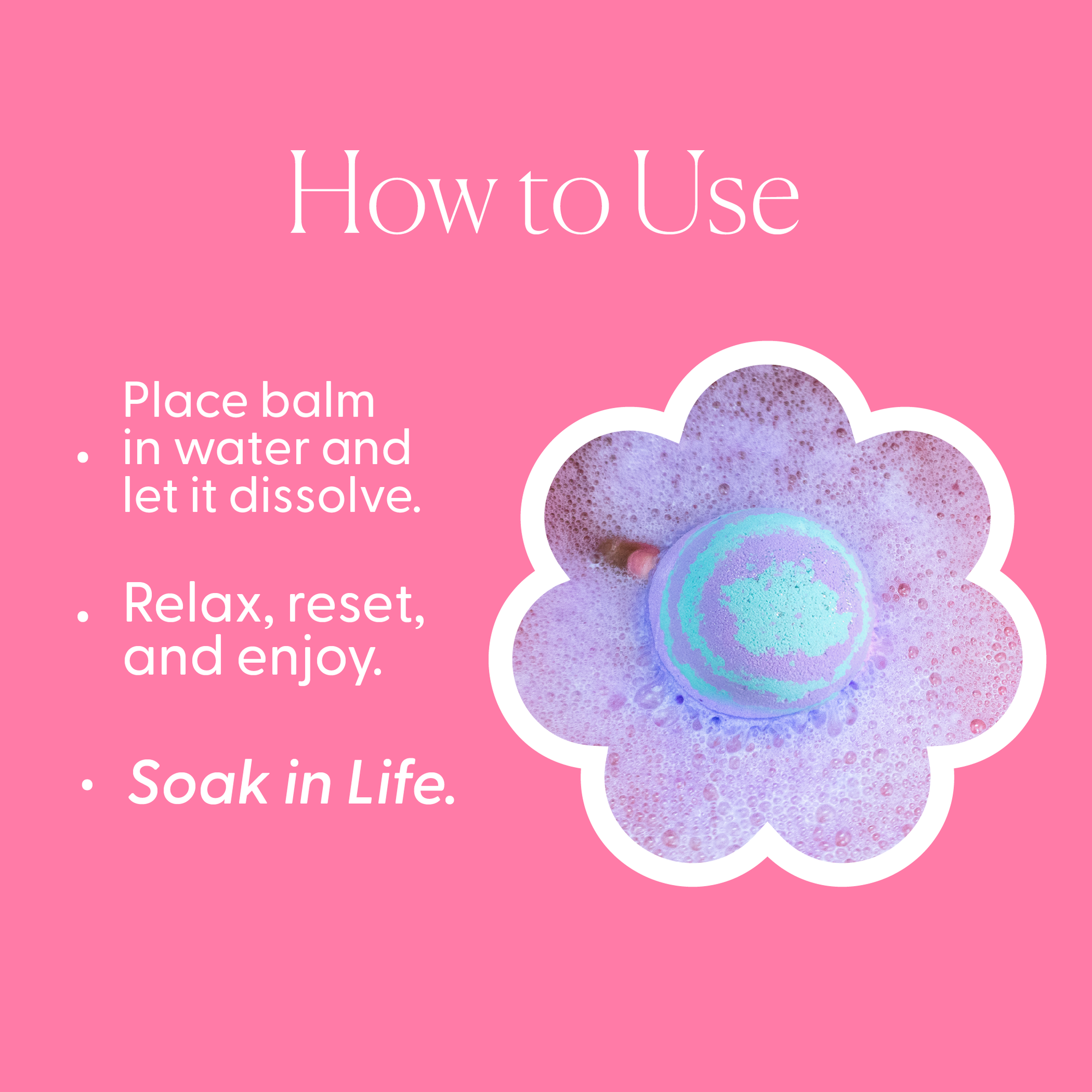 Bath bomb with text on a pink background