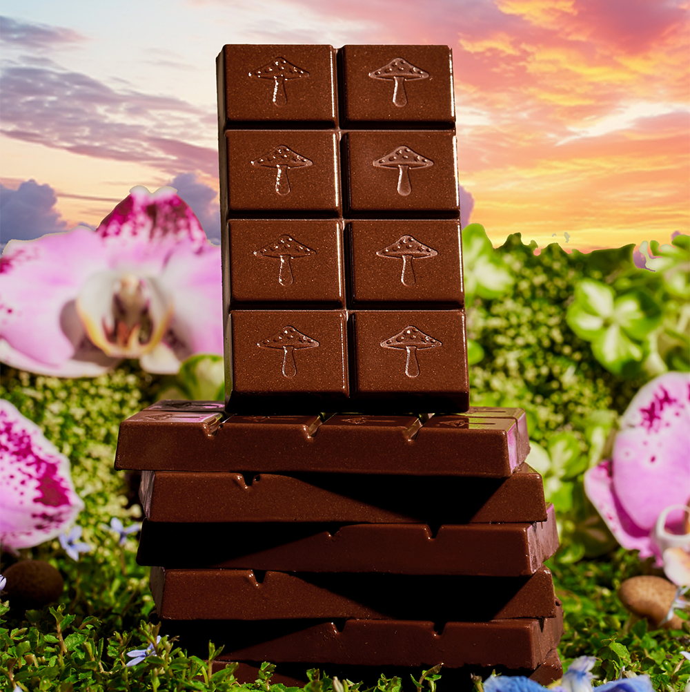 Stack of chocolate bars with a mushroom design against a colorful sky and floral background