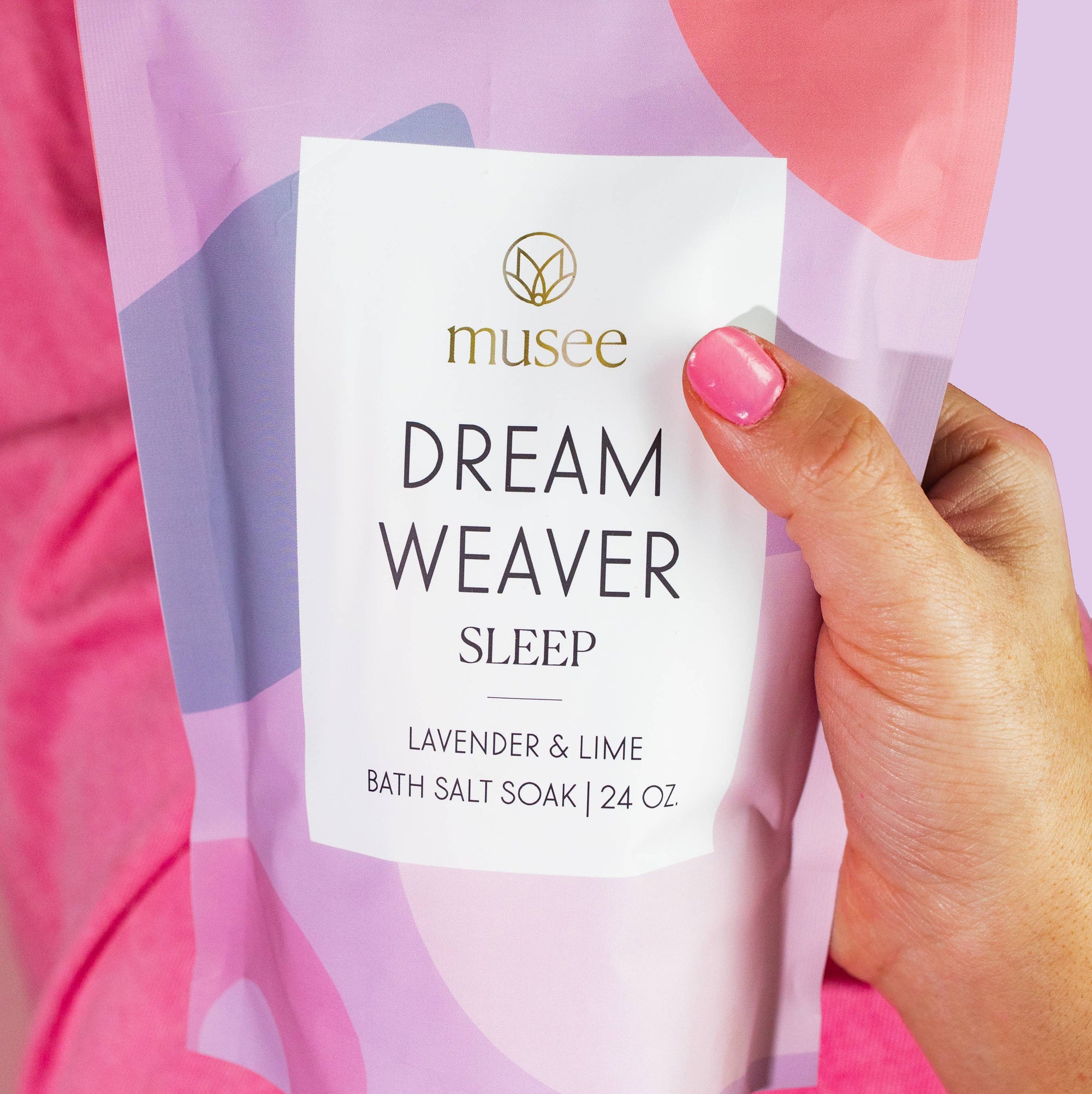 Musee Dream Weaver Sleep bath salt soap packaging with colorful design on a white background