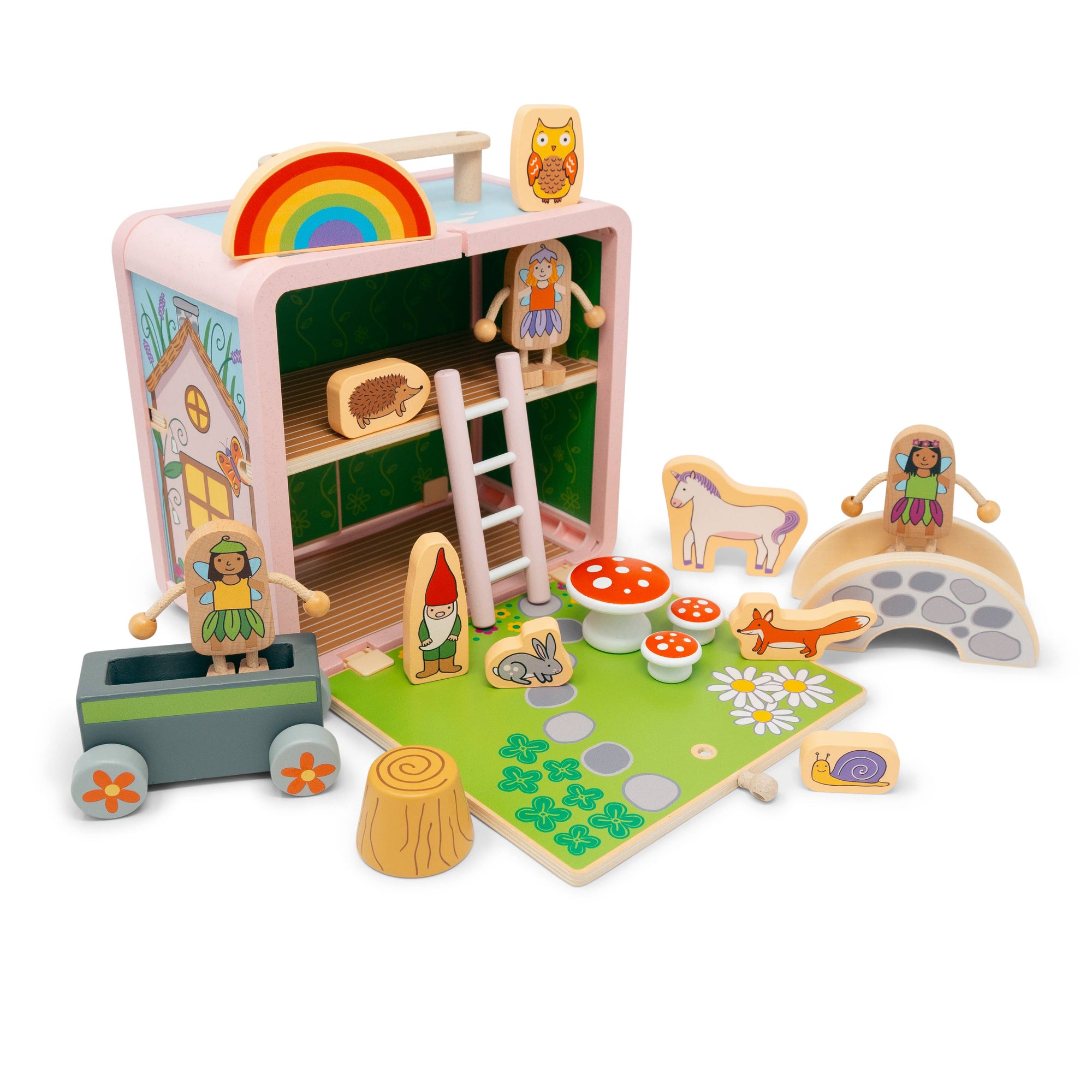 Boxed fairy house toy with colorful illustrations on a white background