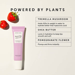 Lip balm with strawberry flavor on a light background, featuring text about plant-based ingredients.