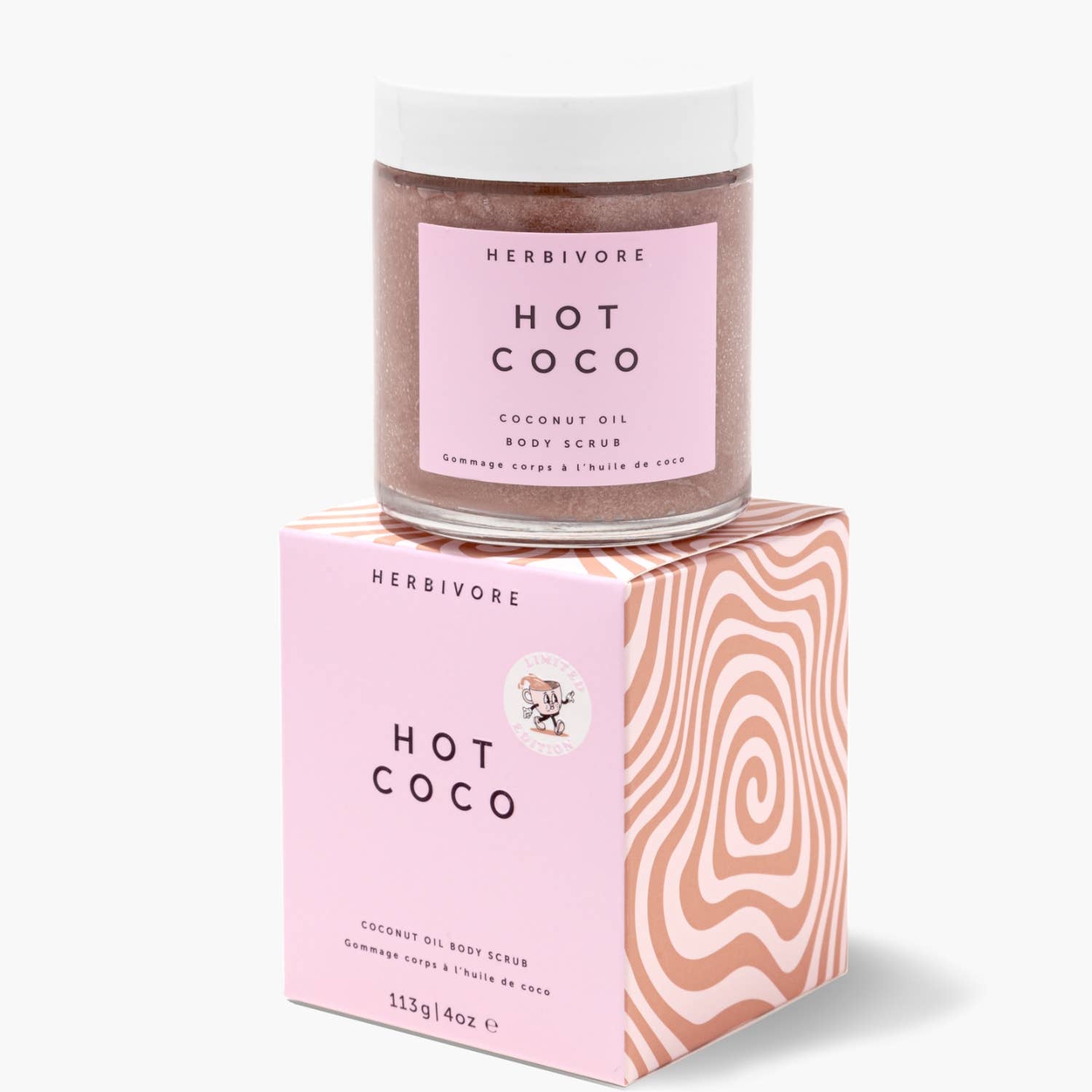 Herbivore Hot Coco coconut oil body scrub with packaging on a white background
