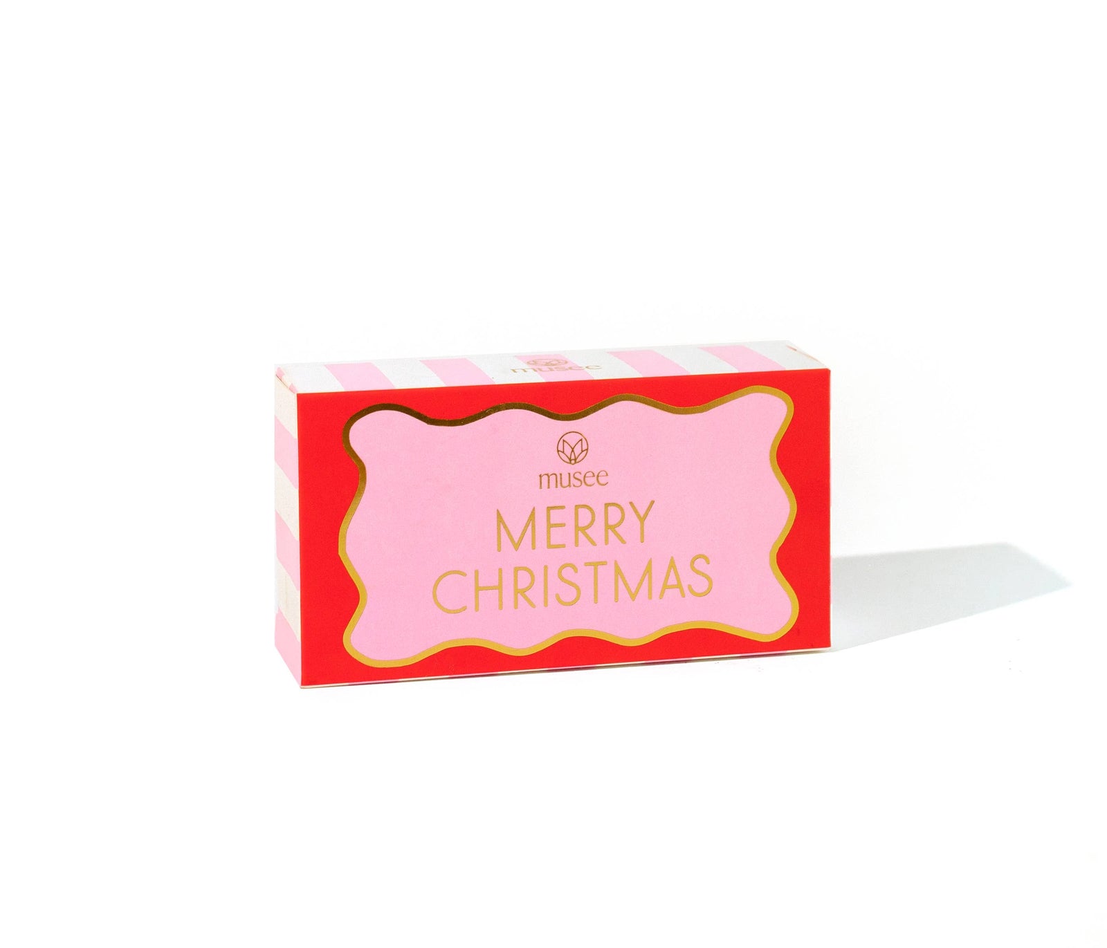 Merry Christmas card with red border and pink center on a white background
