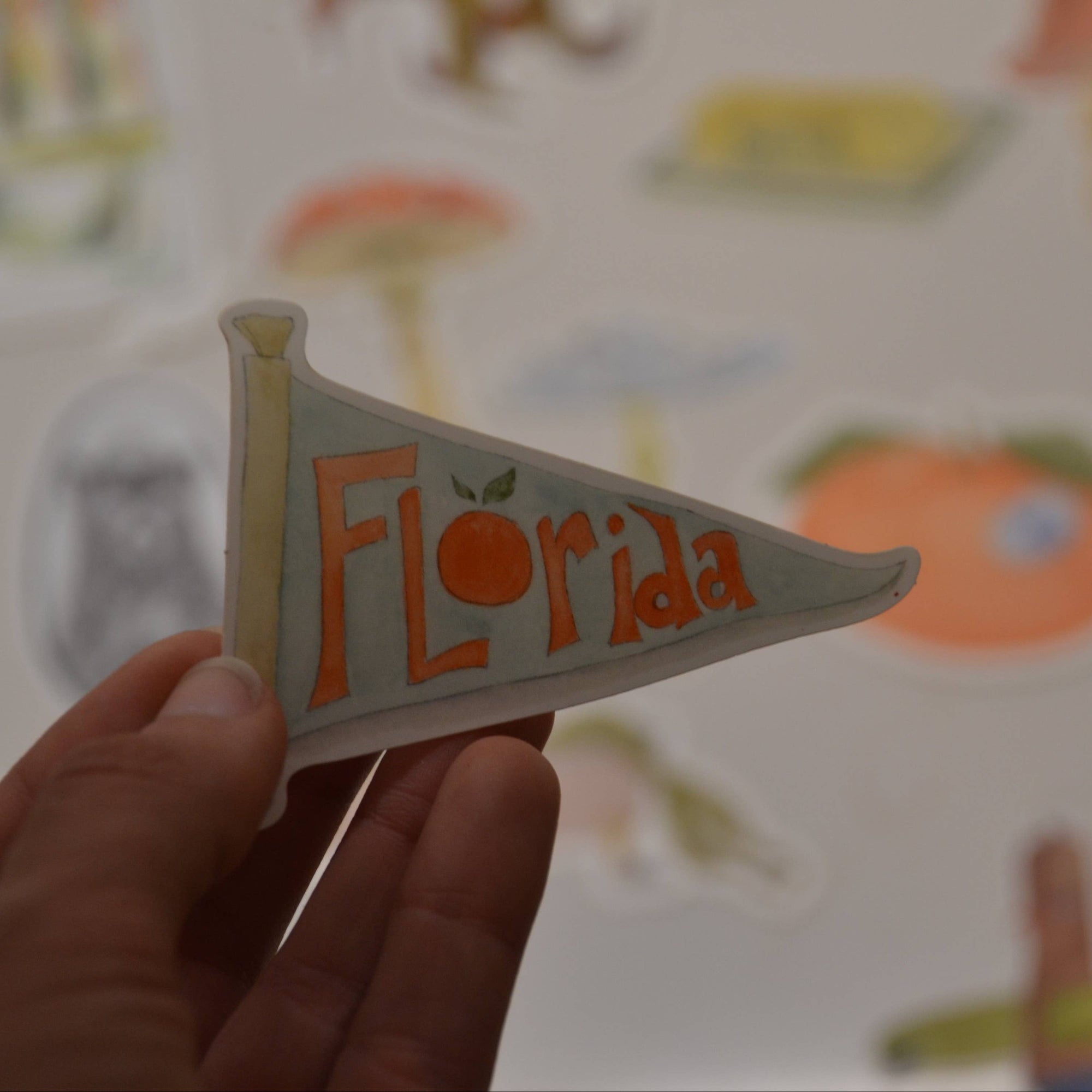 Hand holding a small pennant flag with 'Florida' printed on it against a plain background