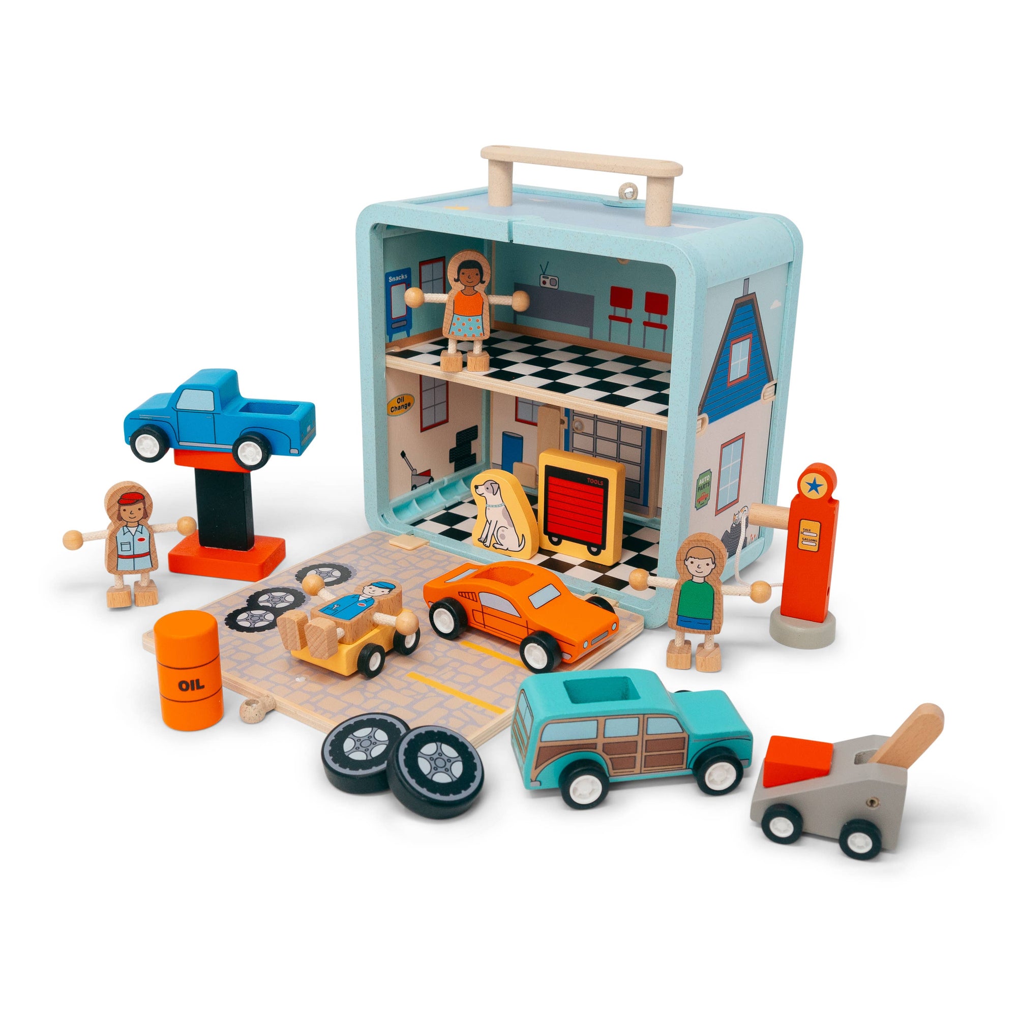 Wooden toy set with cars, figures, and a house in a suitcase on a white background