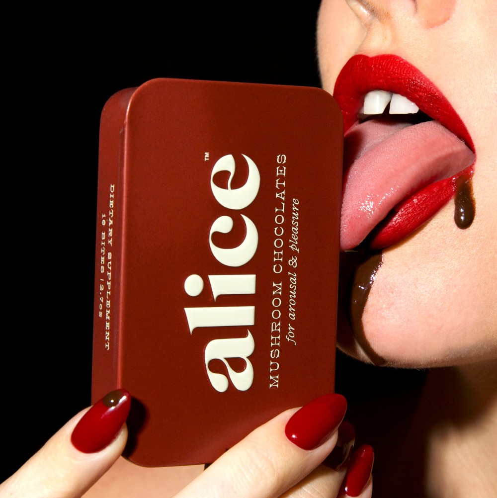 Red tin labeled 'alice mushroom chocolates' on a green moss background with flowers and mushrooms.