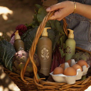 Person holding a basket with skincare products and eggs.