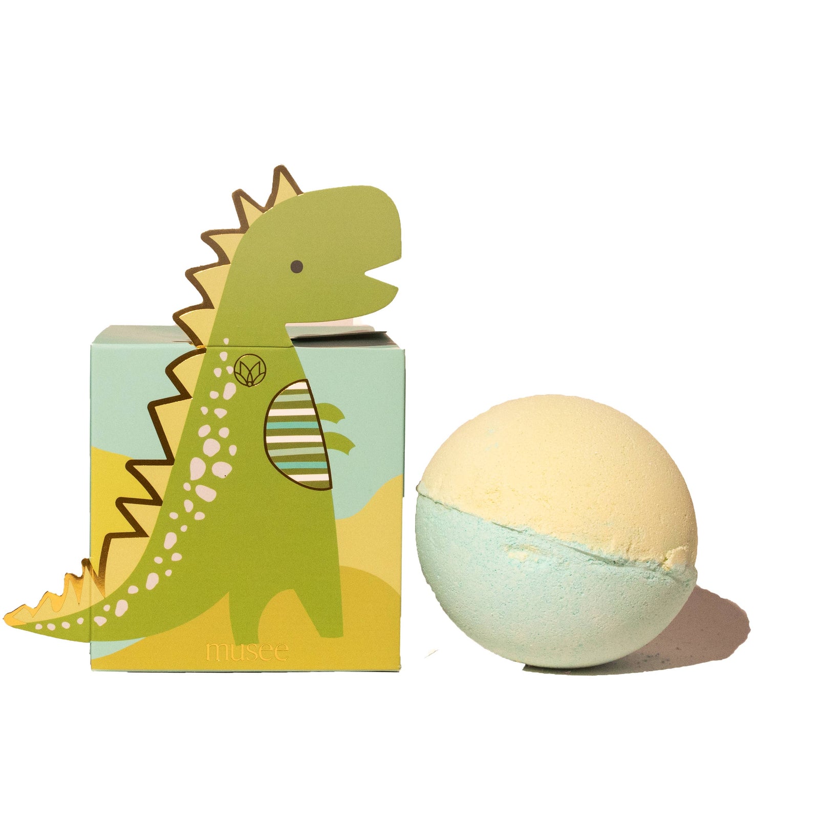 Bath bomb with a dinosaur-themed packaging on a white background