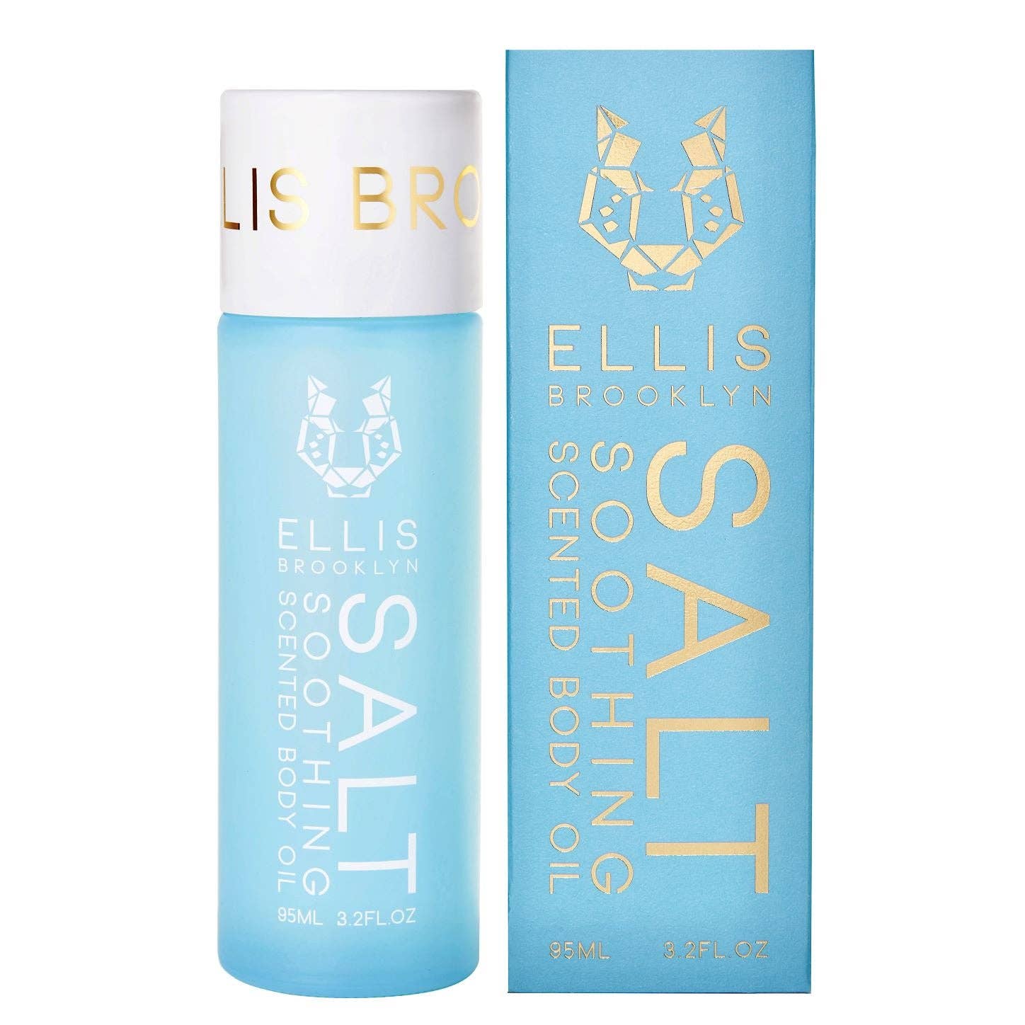Blue bottle and packaging of Ellis Brooklyn Soothing Body Oil with gold text on a white background