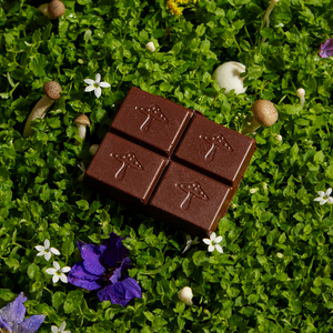 Chocolate bar with tree designs on a green surface with flowers