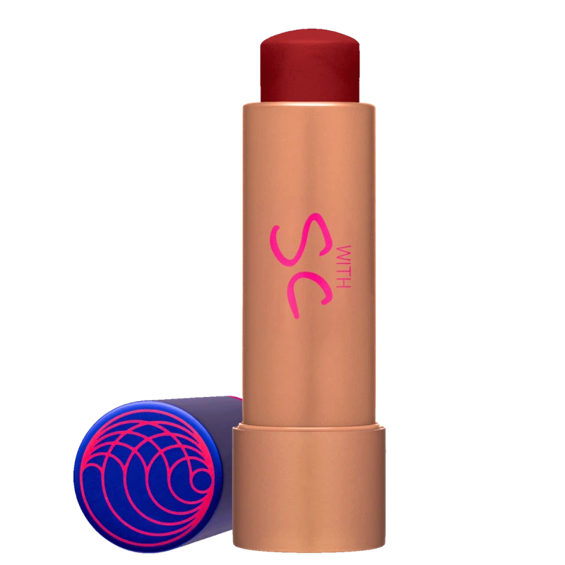 Lip balm with red top and brown body on a white background