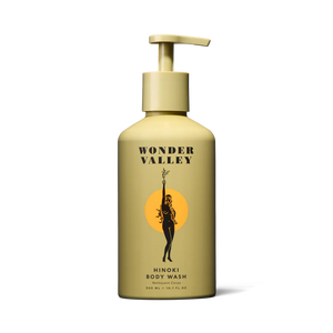A bottle of the hinoki body wash, made by Wonder Valley in California