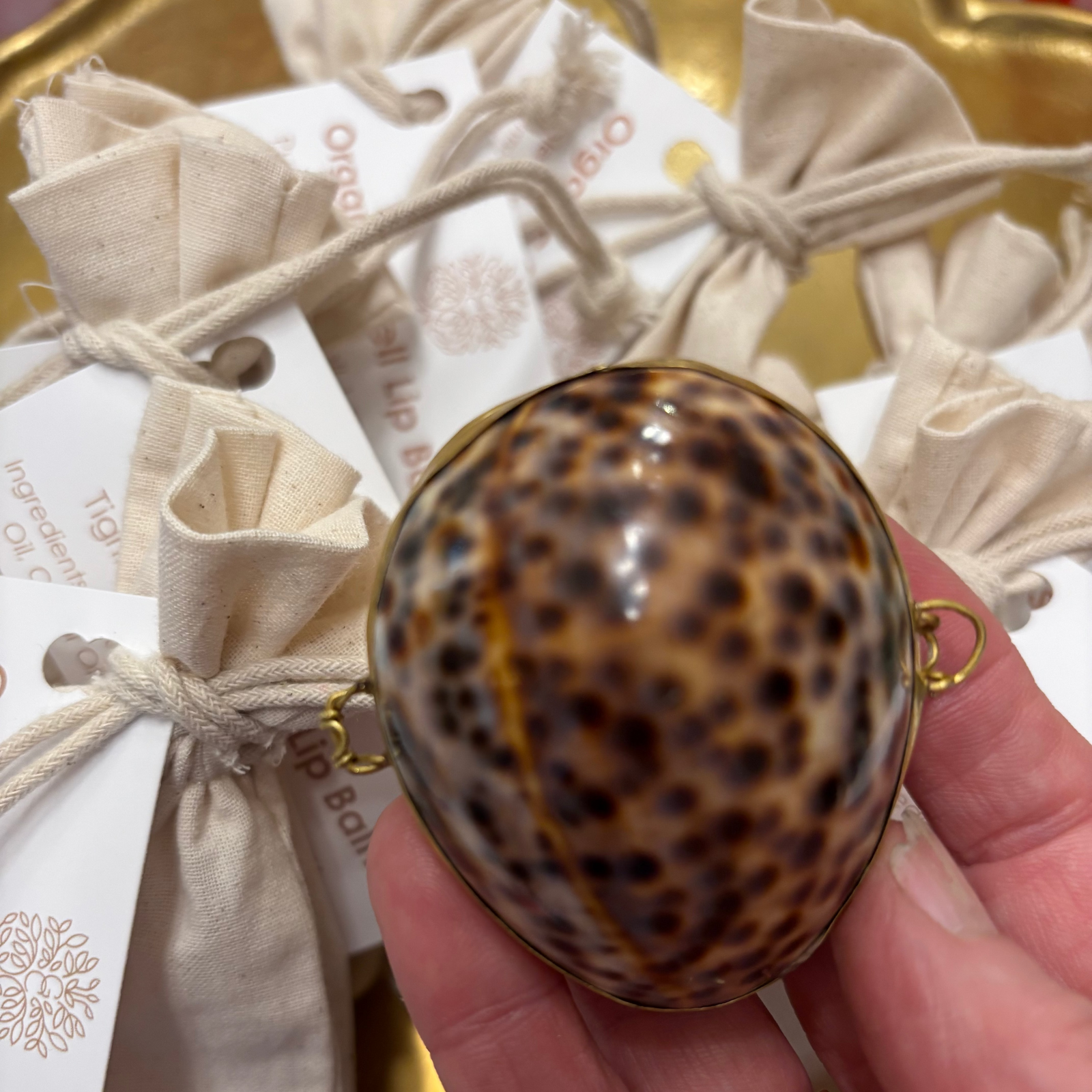 Hand holding a leopard print shell with decorative items in the background