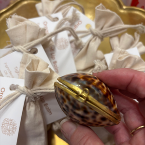 Hand holding a tortoiseshell shell with gold accents over a gold container with white bags.