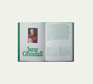 An open page of a book, with a picture of Jane Goodall. 