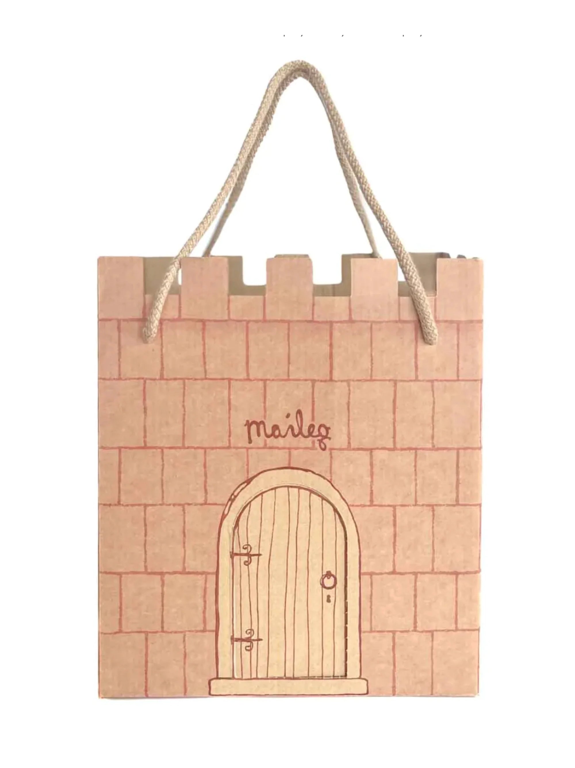 A cardboard gift bag designed to look like a castle with a cotton rope handle and a door that opens.