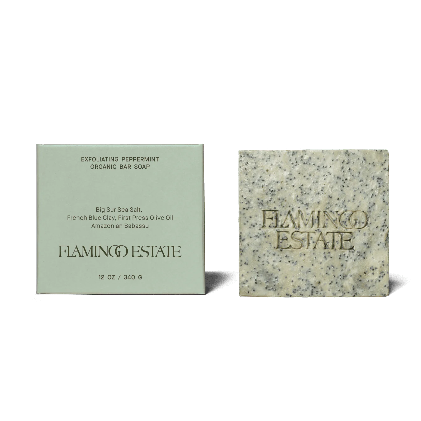 A bar of morning exfoliating soap, made by Flamingo Estate in Los Angeles