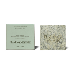 A bar of morning exfoliating soap, made by Flamingo Estate in Los Angeles