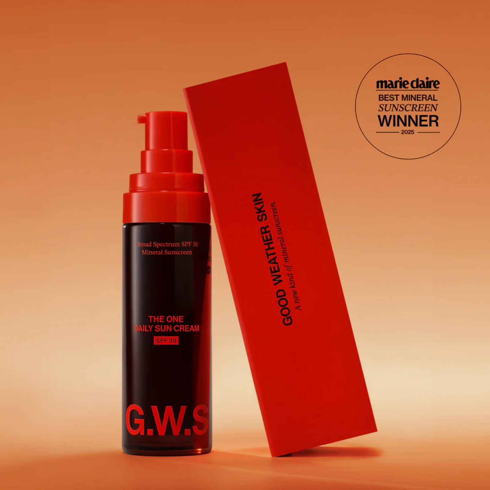 A bottle of Good Weather Daily Sun Cream next to a red box. 