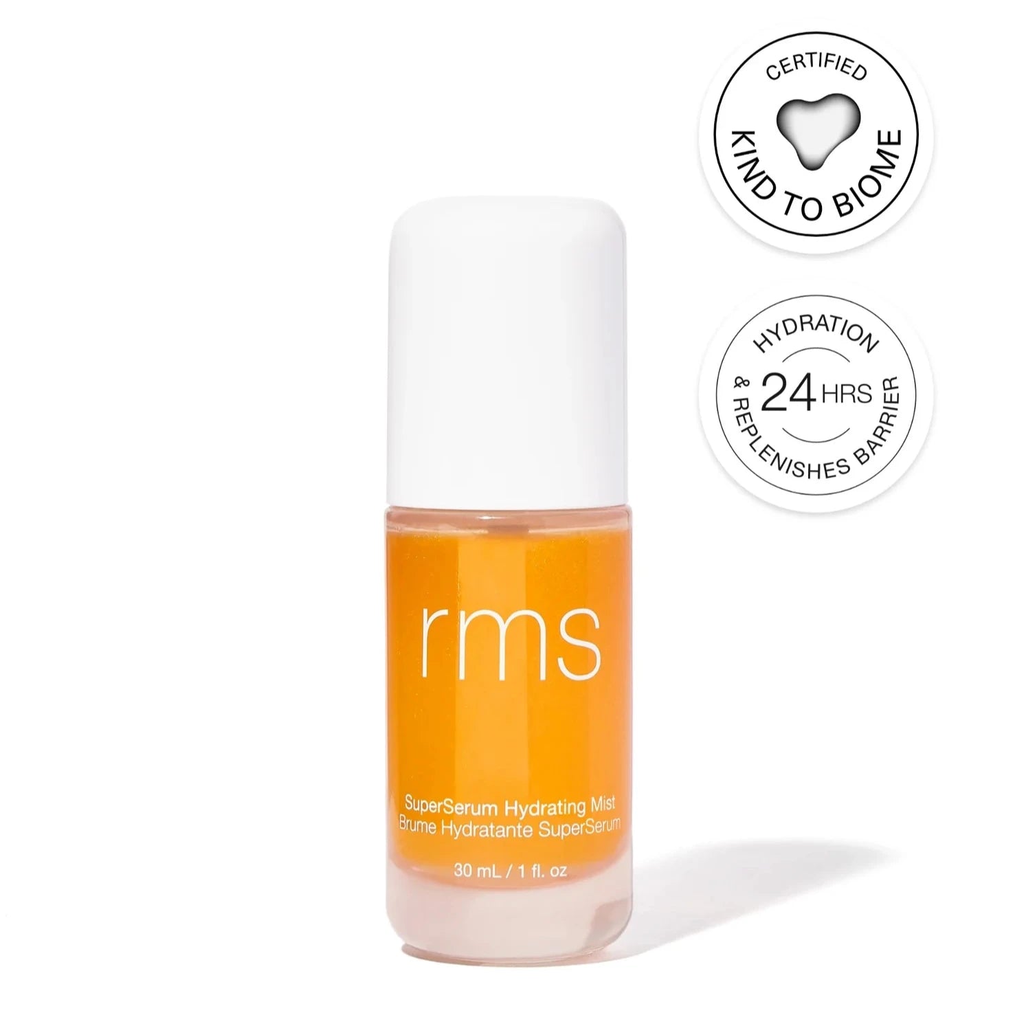 A bottle of RMS Beauty super serum hydrating mist, a clear bottle with a white top. Certified kind to biome, and replenishes and hydrates for 24 hours