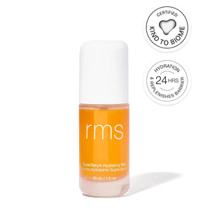A bottle of RMS Beauty super serum hydrating mist, a clear bottle with a white top. Certified kind to biome, and replenishes and hydrates for 24 hours