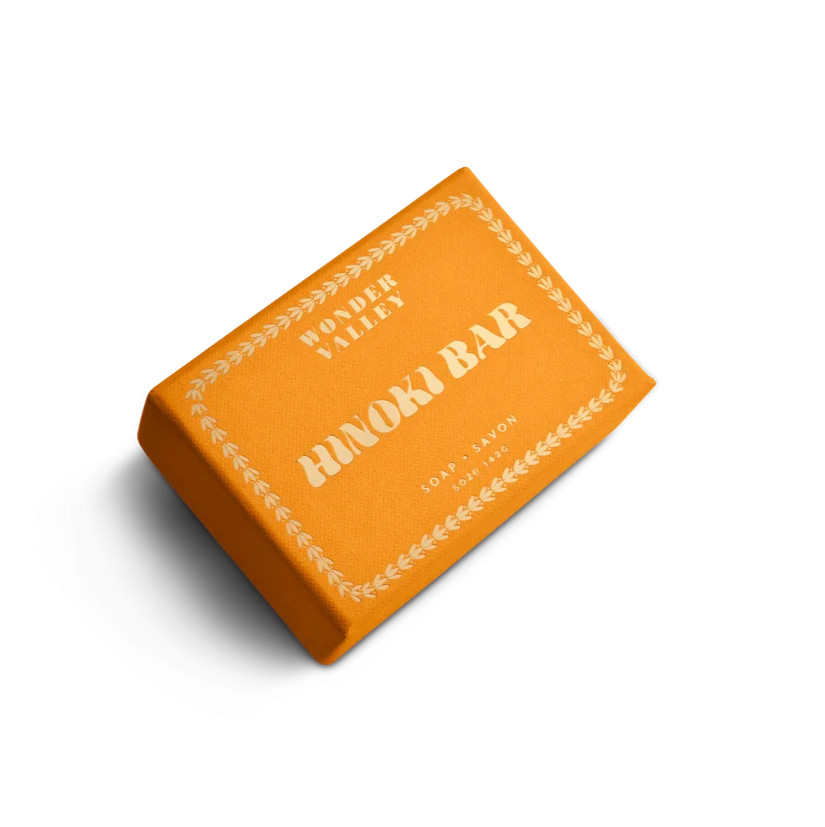 The hinoki bar soap, made by Wonder Valley in California