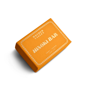 The hinoki bar soap, made by Wonder Valley in California