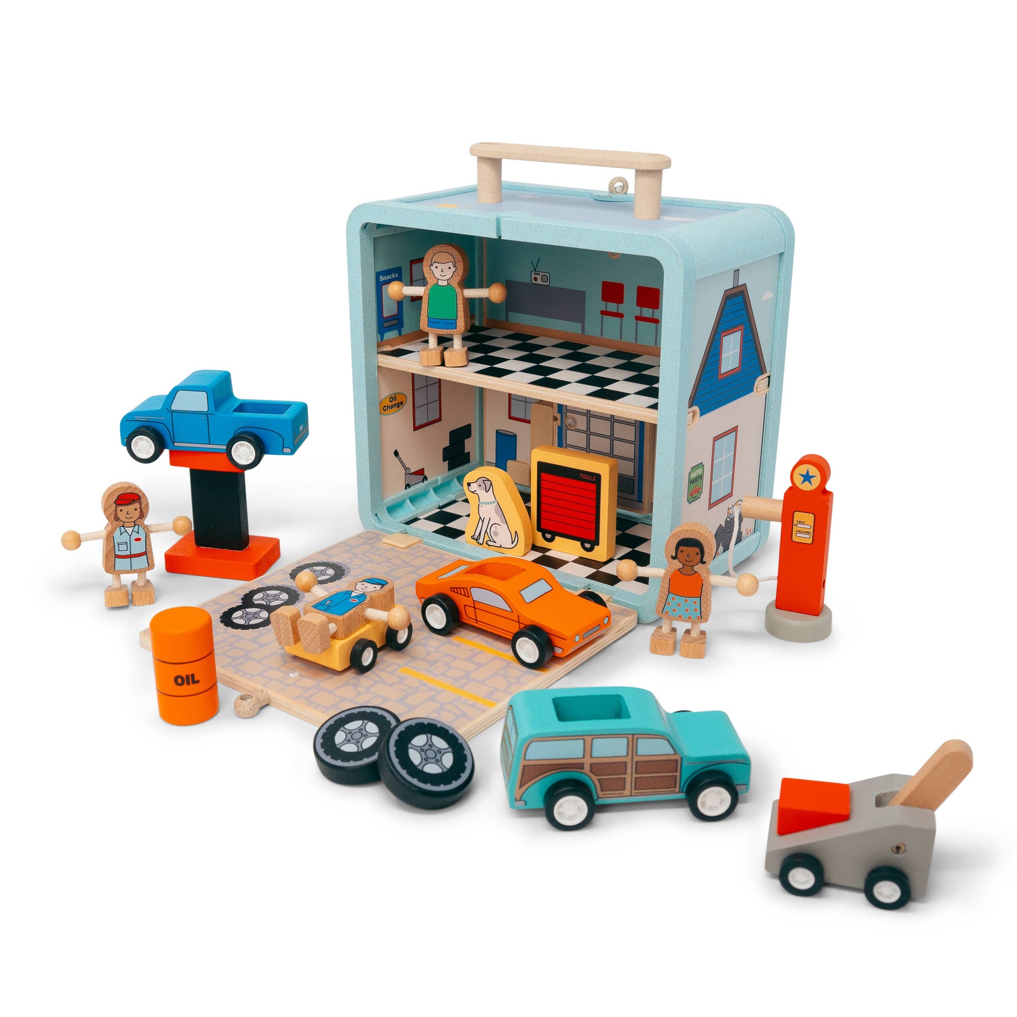 Toy repair shop set with packaging on a white background