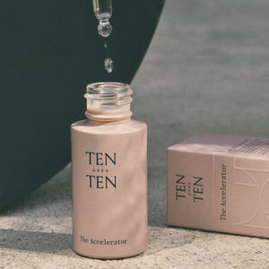 TEN OVER TEN skincare product with dropper and packaging on a neutral background