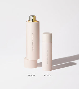 Two skincare bottles, one labeled 'Serum' and the other 'Refill', on a light background.