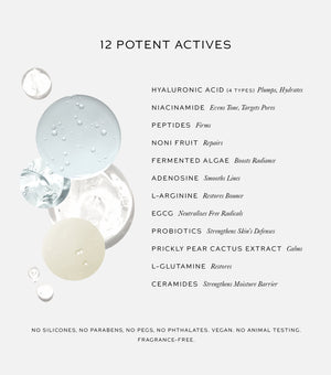 List of 12 potent actives with corresponding benefits on a white background
