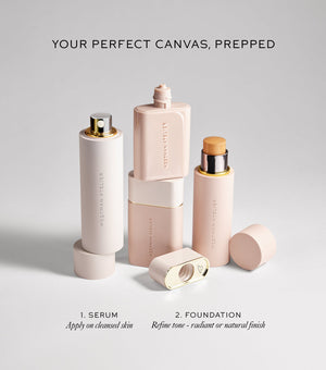 Set of skincare products including serum, foundation stick, and cream on a light gray background.