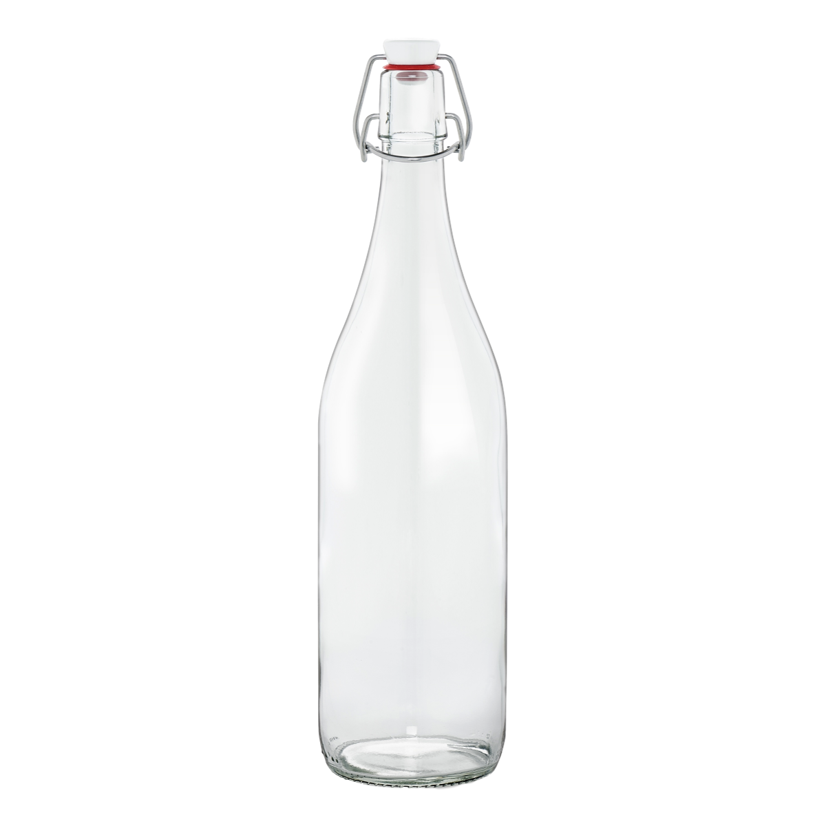 A clear glass swing top bottle with an airtight hinged stopper, suitable for fermenting and storing various beverages.