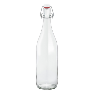 A clear glass swing top bottle with an airtight hinged stopper, suitable for fermenting and storing various beverages.