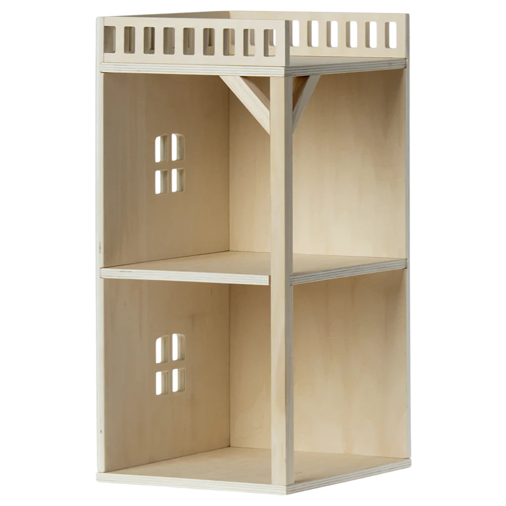 A toy mouse hole farmhouse annex with multiple floors, furniture, and a terrace, made of beige wood.