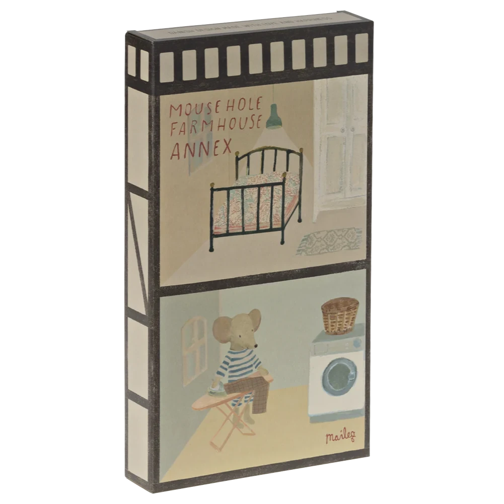 Illustrated packaging for Mousehole Farmhouse Annex with a mouse and vintage furniture.