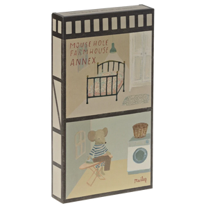 Illustrated packaging for Mousehole Farmhouse Annex with a mouse and vintage furniture.