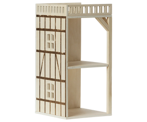 Wooden dollhouse with a ladder on a white background