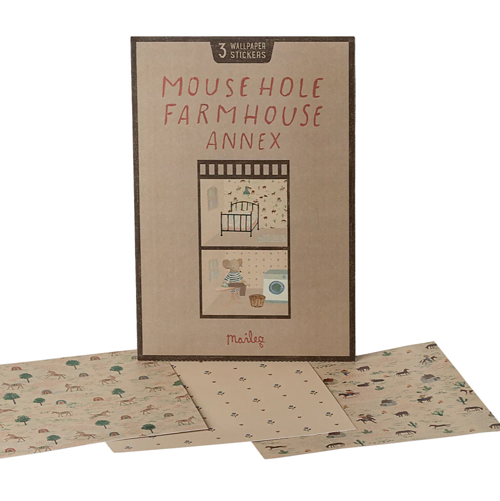 Mouse Hole Farmhouse Annex wallpaper stickers packaging with sample designs on a white background