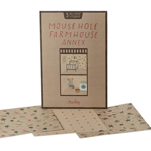 Mouse Hole Farmhouse Annex wallpaper stickers packaging with sample designs on a white background