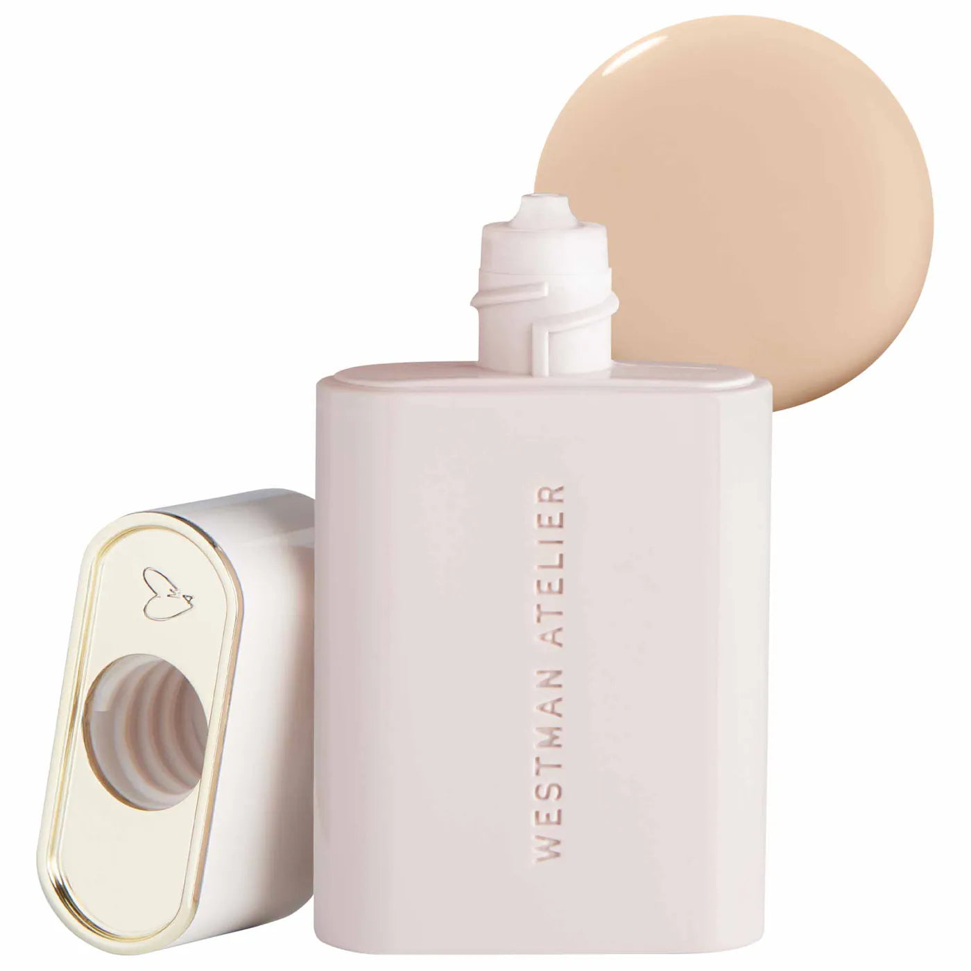 Westman Atelier complexion drops bottle with a swatch of beige shade on a white background