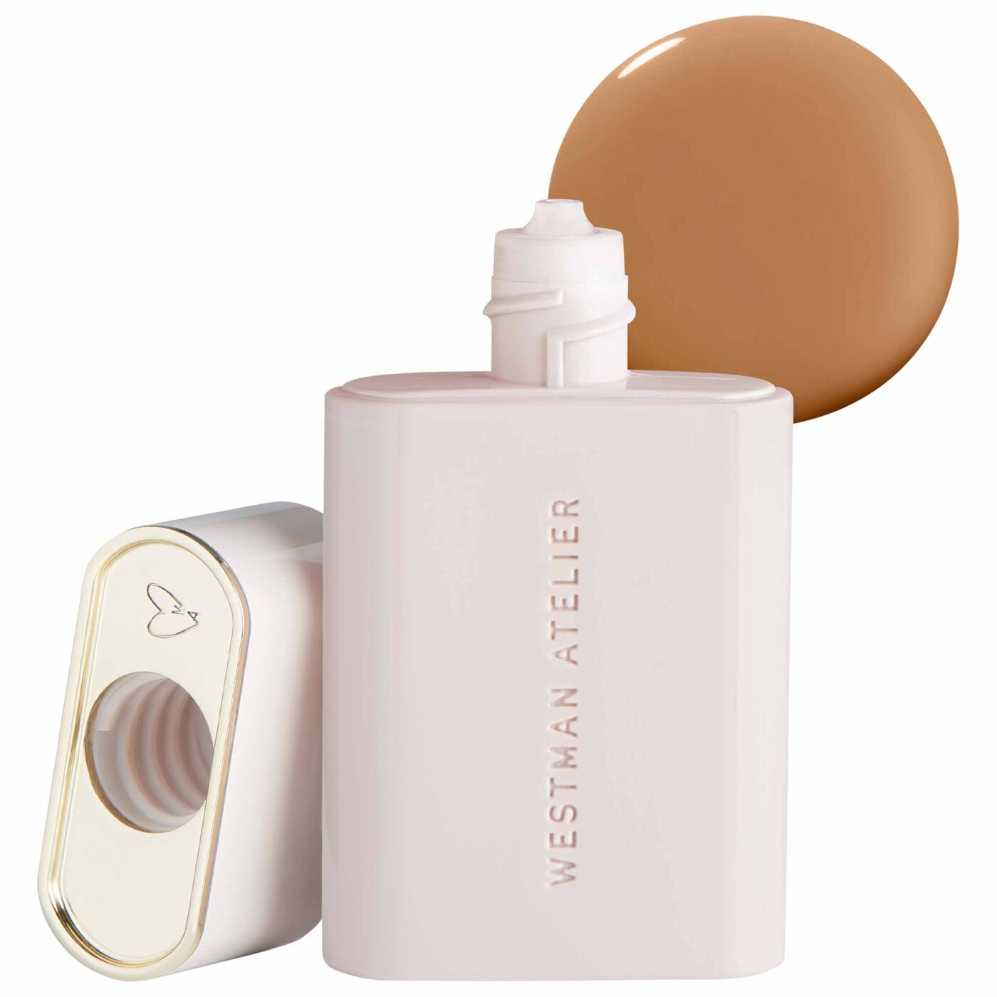 Westman Atelier complexion drops bottle with a swatch of brown shade on a white background