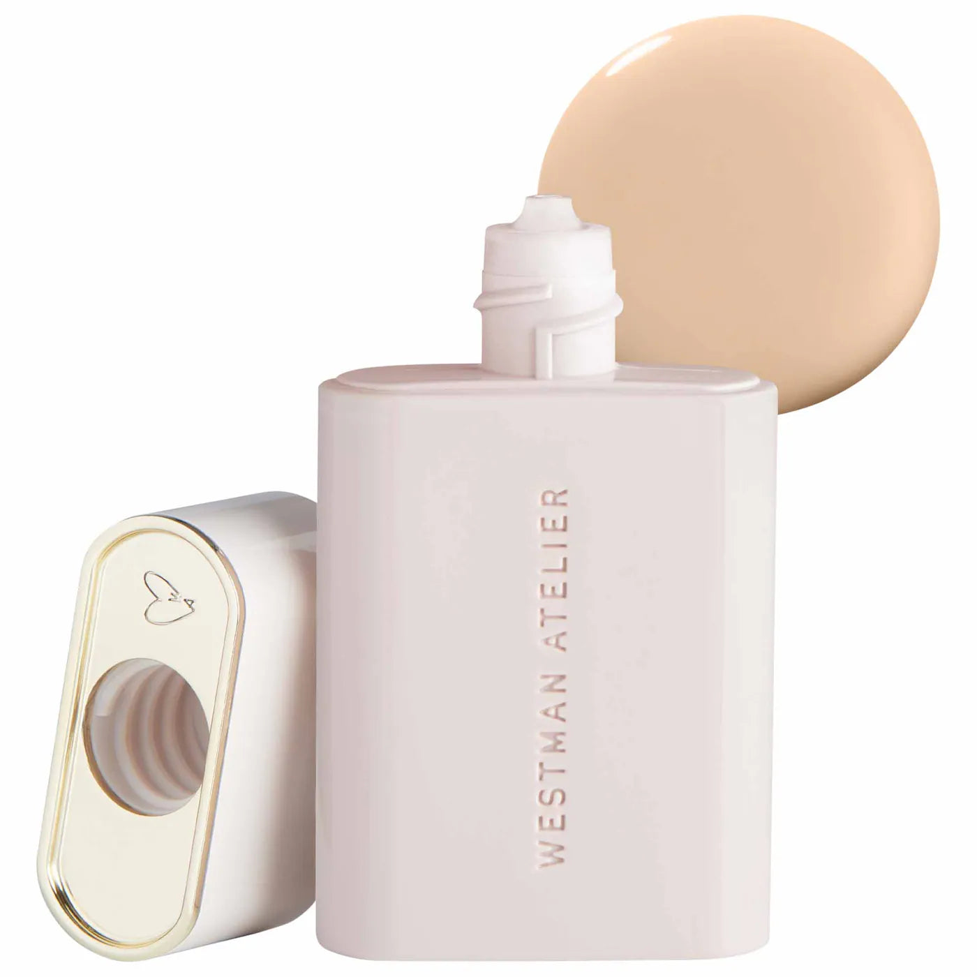 Westman Atelier complexion drops bottle with a swatch of beige shade on a white background