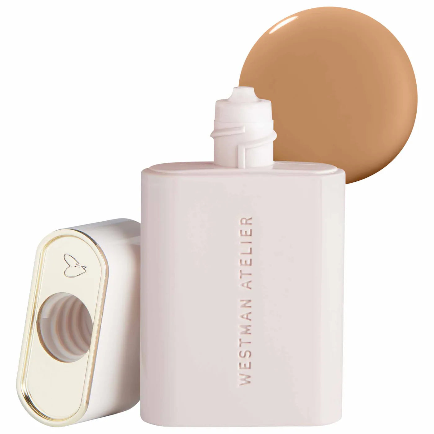 Westman Atelier complexion drops bottle with a swatch of brown shade on a white background